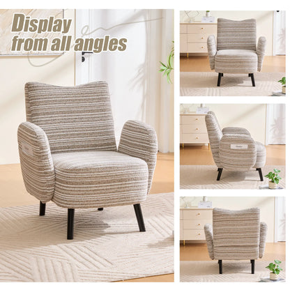Chic Boucle Fabric Armchair with Convenient Side Pockets and Sturdy Wood Legs - Ideal for Living Room and Bedroom Comfort