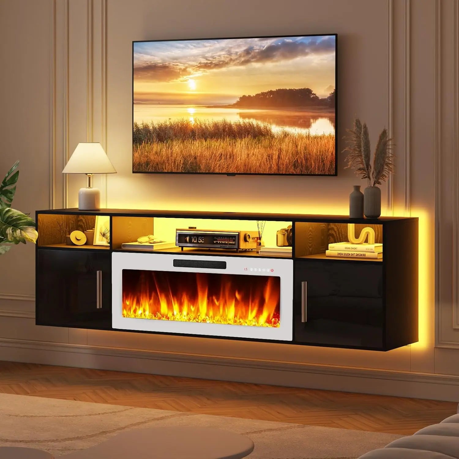 PUKAMI 70" Modern Wall-Mount Floating Fireplace TV Stand - Stylish LED Entertainment Center with 12 Flame Colors & Smart Wire Management for Contemporary Living Rooms