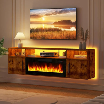 PUKAMI 70" Modern Wall-Mount Floating Fireplace TV Stand - Stylish LED Entertainment Center with 12 Flame Colors & Smart Wire Management for Contemporary Living Rooms