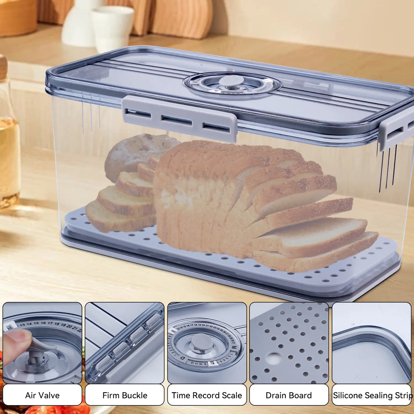 Stylish Sealed Bread Box with Lid - 7.45L Capacity, Time Record Feature, Perfect for Homemade Bread, Bagels, Cookies & More - Gray Kitchen Essential