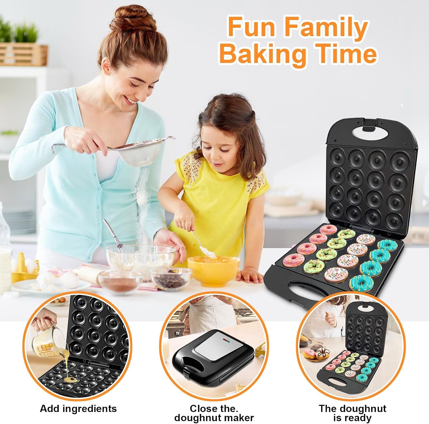 2026 Electric Mini Donut Maker for Home Use - 16-Hole Non-Stick Doughnut and Pancake Machine with Oven Gloves and Brush, Kid-Friendly Design (Black)