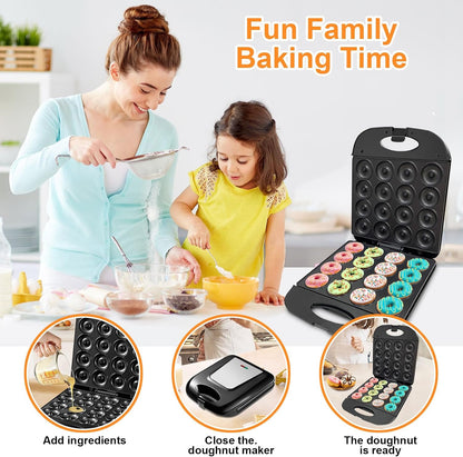 2026 Electric Mini Donut Maker for Home Use - 16-Hole Non-Stick Doughnut and Pancake Machine with Oven Gloves and Brush, Kid-Friendly Design (Black)