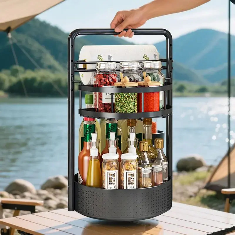 Revolve & Organize: 2-Tier 360° Spice Rack with Heavy-Duty Metal Frame & Convenient Paper Towel Holder - Perfect for Kitchen Countertops & Pantries!