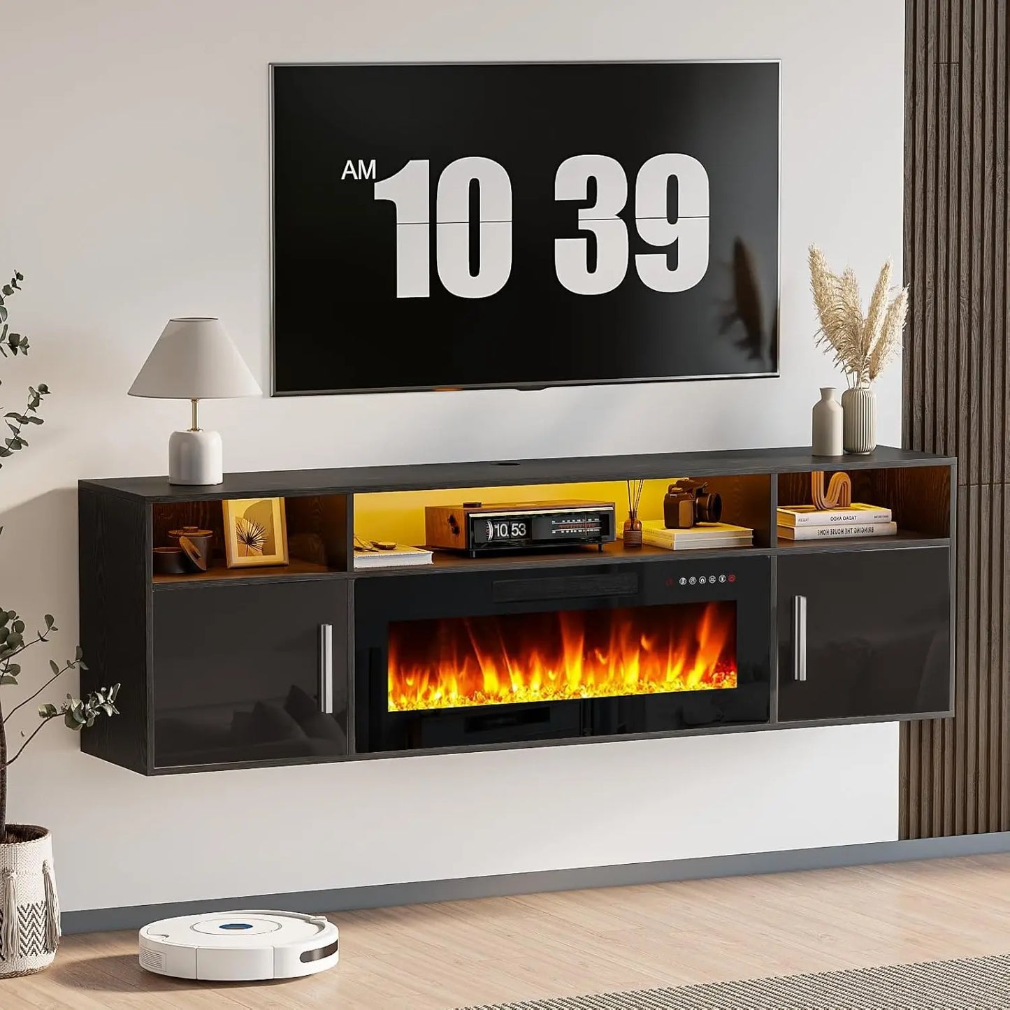 PUKAMI 70" Modern Wall-Mount Floating Fireplace TV Stand - Stylish LED Entertainment Center with 12 Flame Colors & Smart Wire Management for Contemporary Living Rooms