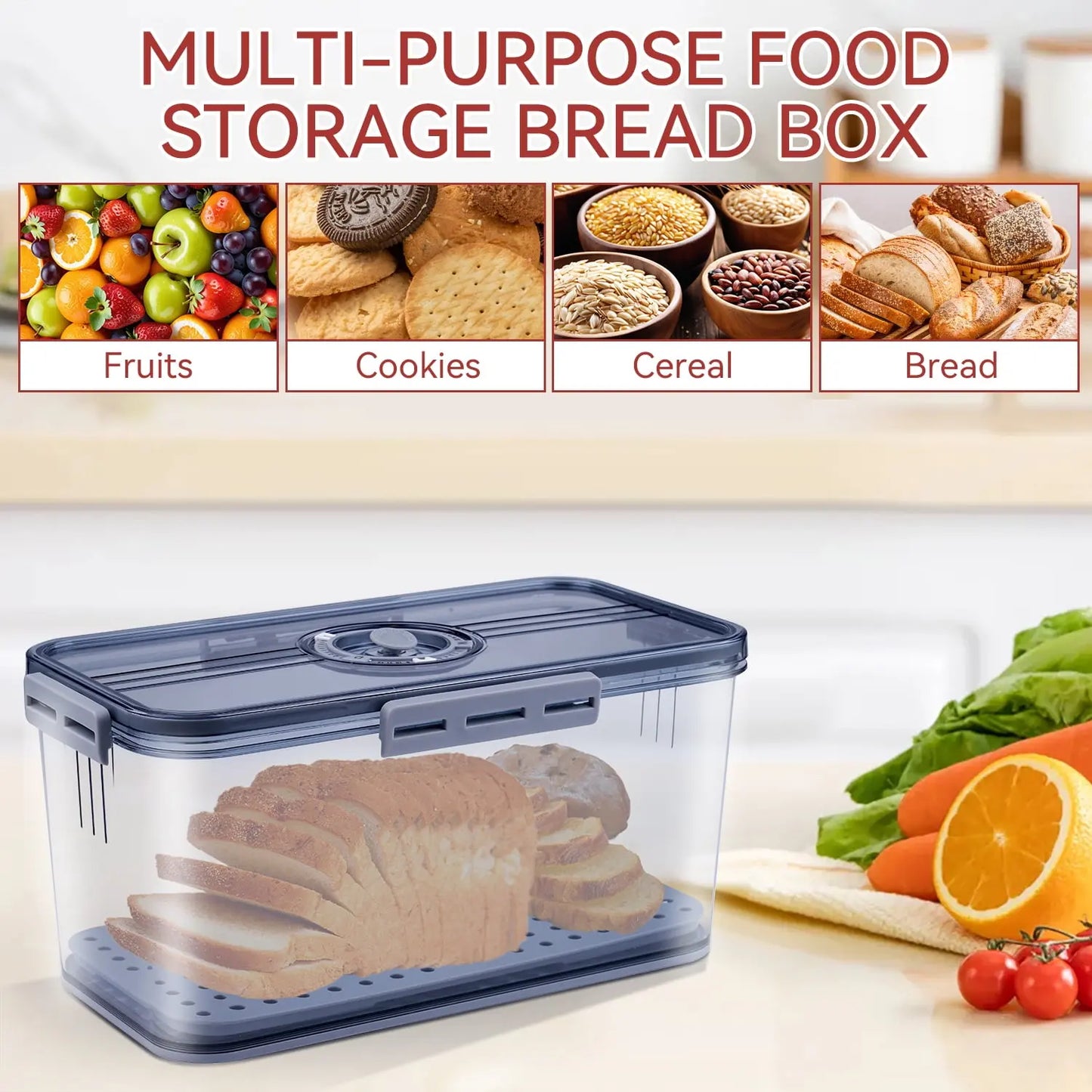 Stylish Sealed Bread Box with Lid - 7.45L Capacity, Time Record Feature, Perfect for Homemade Bread, Bagels, Cookies & More - Gray Kitchen Essential