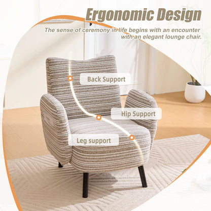 Chic Boucle Fabric Armchair with Convenient Side Pockets and Sturdy Wood Legs - Ideal for Living Room and Bedroom Comfort
